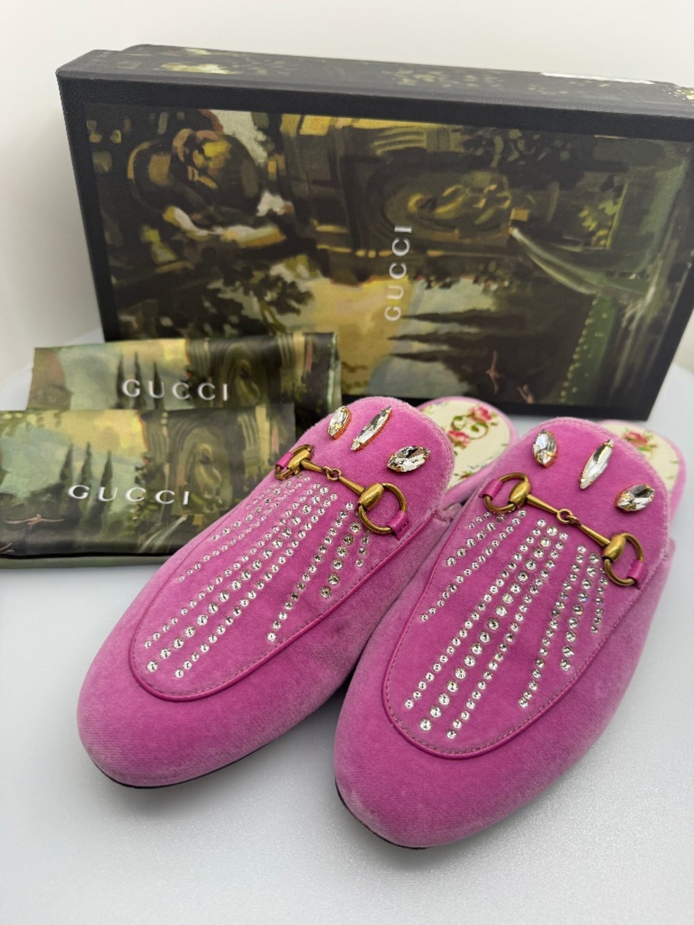 Gucci Velvet Princetown Horsebit Mules Size 38